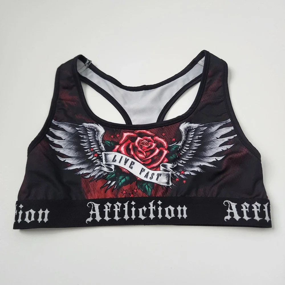 Affliction Women's Sports Bra Black Red Rose Wings Live Fast Racerback‎ XS